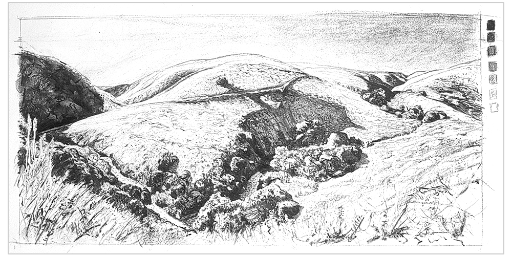 Charcoal Drawing of the landscape around Jalama Beach